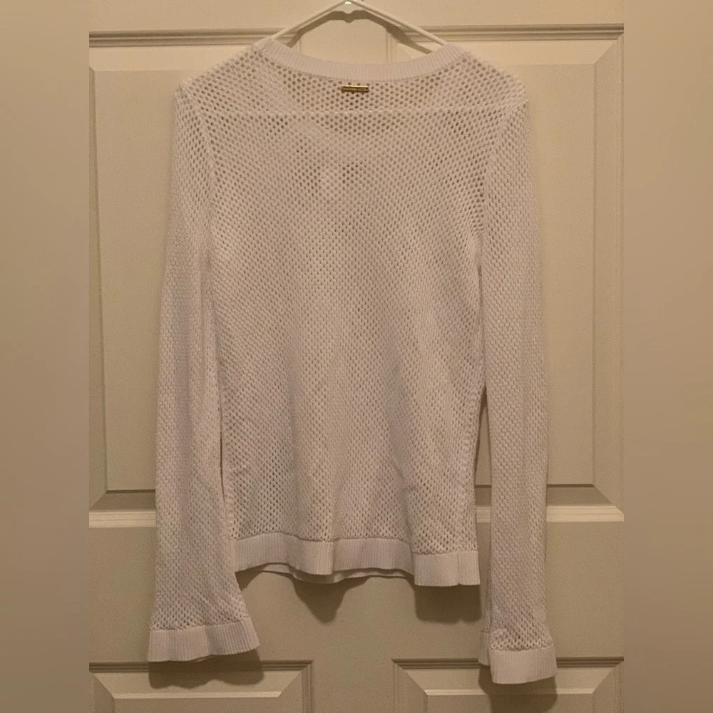 Michael Kors White Knit Textured Floral Sweater With Bell Sleeves.  Size-Medium
